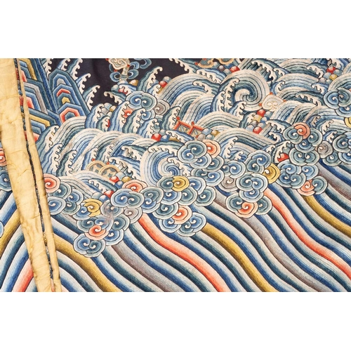 379 - A Chinese cobalt blue silk courtiers waistcoat(?) with six bullion embroidered Imperial dragon round... 