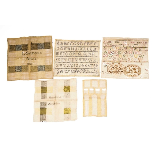 382 - A small collection of Alton School Quaker(?) Needlework samplers including one bearing the legend L.... 