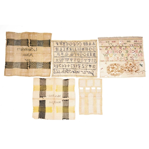 382 - A small collection of Alton School Quaker(?) Needlework samplers including one bearing the legend L.... 