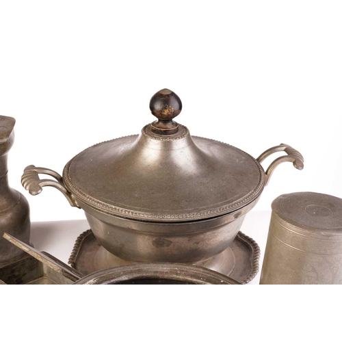 383 - A Swiss pewter twin handled tureen and lid on a beaded stand, stamped for Louis Moriggi, Vevey, 37 c... 