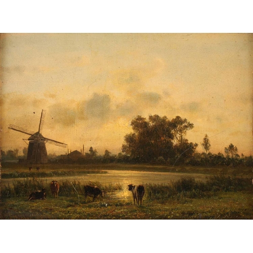 39 - Johannes Josephus Destrée (1827-1888) Belgian, landscape with cattle watering, oil on panel, 17 cm x... 