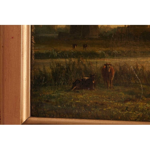 39 - Johannes Josephus Destrée (1827-1888) Belgian, landscape with cattle watering, oil on panel, 17 cm x... 