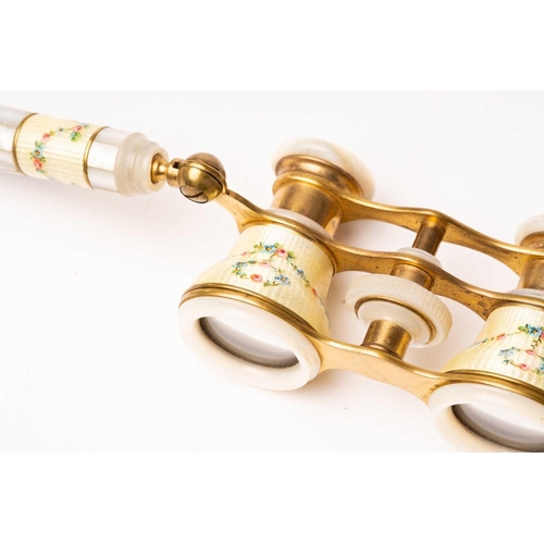 390 - A pair of gilt metal and enamel opera glasses with mother of pearl detail and a pair of gilt metal f... 