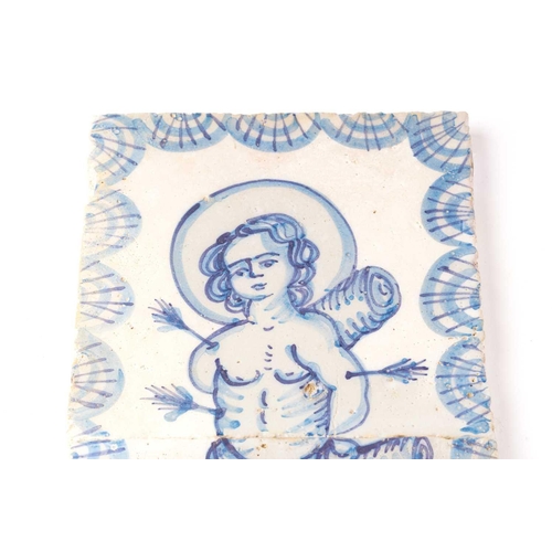 405 - A 19th/ 20th -century pair square of Delft pottery tiles combining to portray St. Sebastion chained ... 