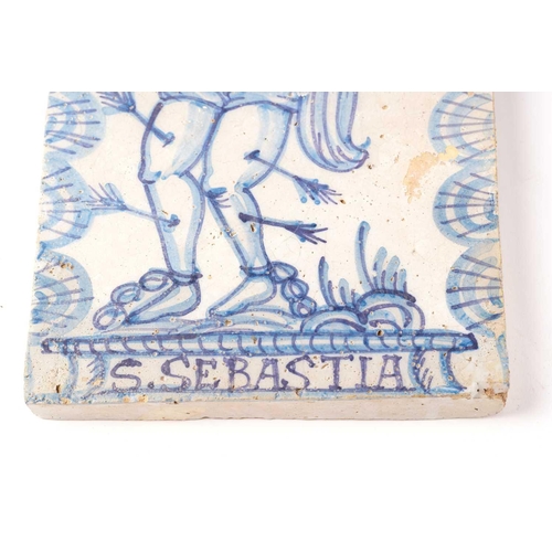 405 - A 19th/ 20th -century pair square of Delft pottery tiles combining to portray St. Sebastion chained ... 