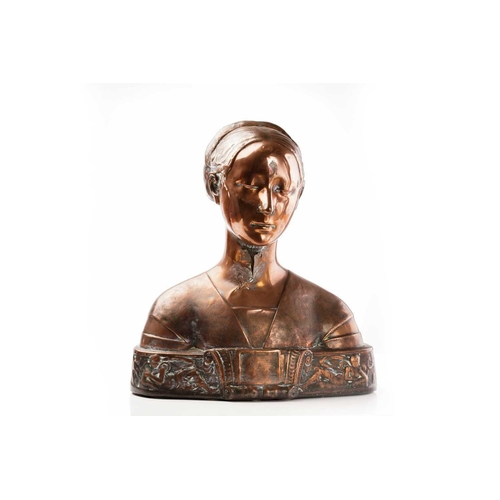 415 - Early 20th century copper covered bust of a lady, with reclining figures to the base, unsigned, 46 c... 