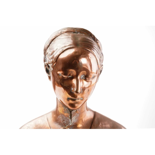 415 - Early 20th century copper covered bust of a lady, with reclining figures to the base, unsigned, 46 c... 