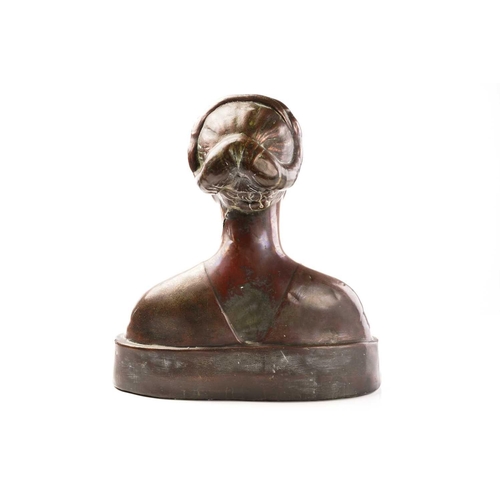 415 - Early 20th century copper covered bust of a lady, with reclining figures to the base, unsigned, 46 c... 