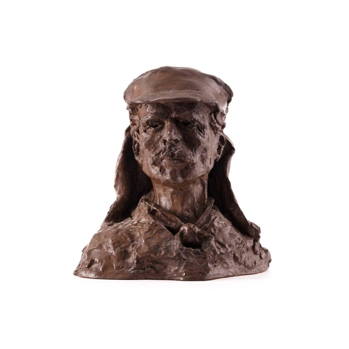 416 - A cold cast bronzed resin bust of Dr. David Livingstone wearing a sun hat, monogrammed OW numbered 2... 