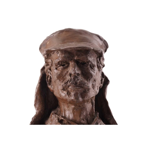 416 - A cold cast bronzed resin bust of Dr. David Livingstone wearing a sun hat, monogrammed OW numbered 2... 