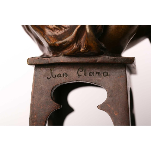 417 - After Juan Clara, a bronze figure of a girl seated on a stool putting on a shoe, signed and numbered... 