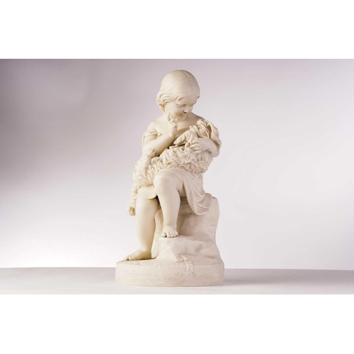 418 - After J. Durham 1862, a Parian ware figure of a child with a dog, inscribed 'Go to Sleep'and Art Uni... 