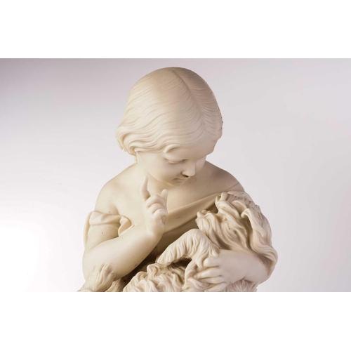 418 - After J. Durham 1862, a Parian ware figure of a child with a dog, inscribed 'Go to Sleep'and Art Uni... 