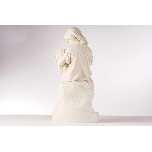 418 - After J. Durham 1862, a Parian ware figure of a child with a dog, inscribed 'Go to Sleep'and Art Uni... 