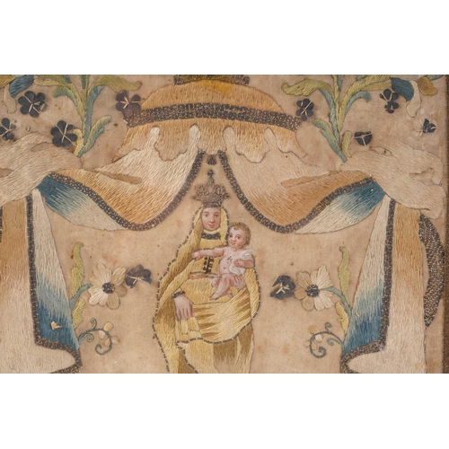 421 - Early 19th century silk embroidery, depicting Our Lady of the Pillar under a canopy, inscribed N.S. ... 