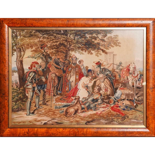 426 - A large Victorian needlework tapestry, 'The Dying Douglas', glazed in a figured walnut frame, 74 cm ... 