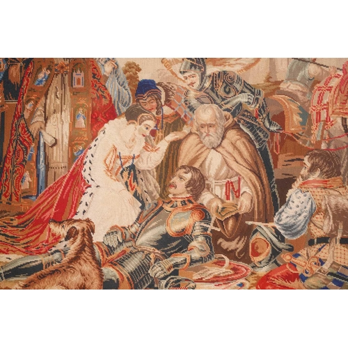 426 - A large Victorian needlework tapestry, 'The Dying Douglas', glazed in a figured walnut frame, 74 cm ... 