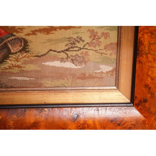 426 - A large Victorian needlework tapestry, 'The Dying Douglas', glazed in a figured walnut frame, 74 cm ... 