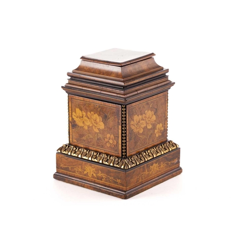 430 - A Victorian inlaid walnut table top box, of pedestal form with cavetto shaped removable lid, above f... 