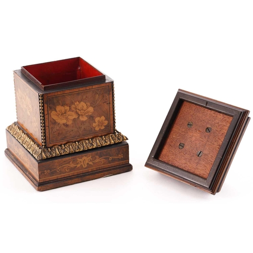 430 - A Victorian inlaid walnut table top box, of pedestal form with cavetto shaped removable lid, above f... 