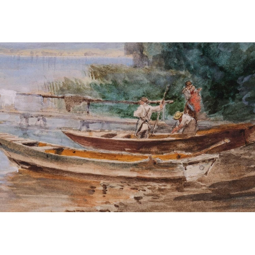 47 - Josef Wopfner (1843-1927), boats and figures on a lake shore, watercolour, signed to lower left corn... 