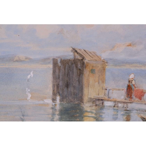 47 - Josef Wopfner (1843-1927), boats and figures on a lake shore, watercolour, signed to lower left corn... 