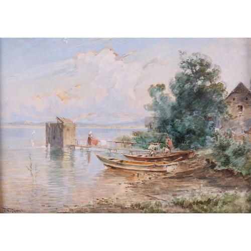 47 - Josef Wopfner (1843-1927), boats and figures on a lake shore, watercolour, signed to lower left corn... 