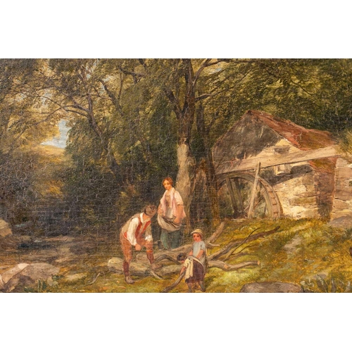 56 - James Peel RBA (1811-1906), a family before a watermill, oil on canvas, signed, 27 cm x 39 cm in a g... 