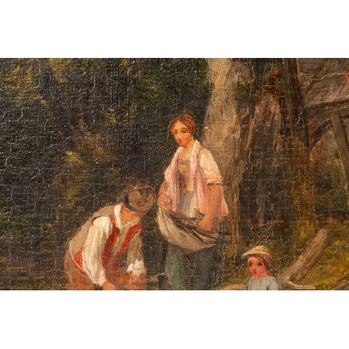 56 - James Peel RBA (1811-1906), a family before a watermill, oil on canvas, signed, 27 cm x 39 cm in a g... 