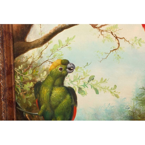 58 - 20th-century school, assorted birds in a forest landscape, large oil on canvas, indistinctly signed,... 