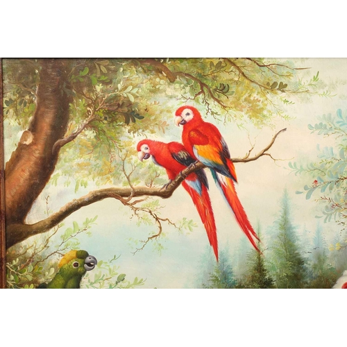 58 - 20th-century school, assorted birds in a forest landscape, large oil on canvas, indistinctly signed,... 