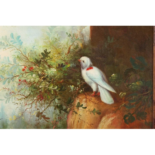 58 - 20th-century school, assorted birds in a forest landscape, large oil on canvas, indistinctly signed,... 