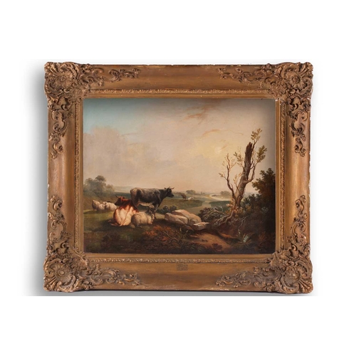 61 - 19th century British School, Cattle and sheep in a landscape with river beyond, unsigned, framed, oi... 