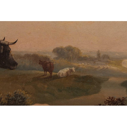 61 - 19th century British School, Cattle and sheep in a landscape with river beyond, unsigned, framed, oi... 