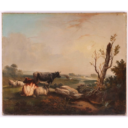 61 - 19th century British School, Cattle and sheep in a landscape with river beyond, unsigned, framed, oi... 