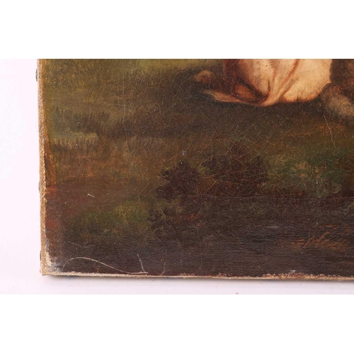 61 - 19th century British School, Cattle and sheep in a landscape with river beyond, unsigned, framed, oi... 