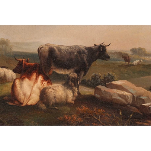 61 - 19th century British School, Cattle and sheep in a landscape with river beyond, unsigned, framed, oi... 