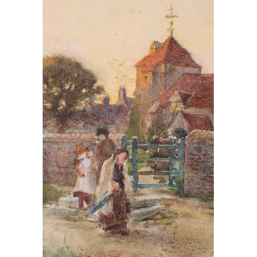 71 - William Teulon Blandford Fletcher (1858 - 1936), Figures by a church gate, signed Blandford Fletcher... 