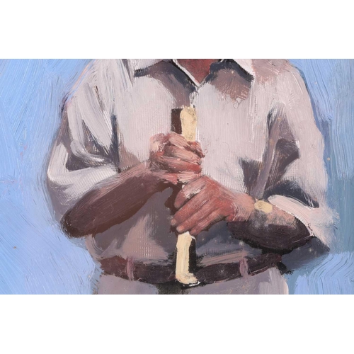 77 - † Didem Unlu (b.1966) Turkish, two figures playing the recorder, inscribed on the reverse, oil on bo... 