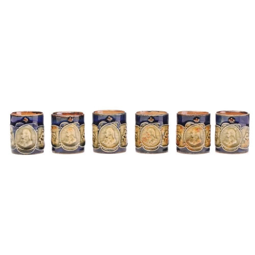 81 - Six Royal Doulton stoneware Lord Nelson commemorative miniature mugs, circa 1905, olive green portra... 