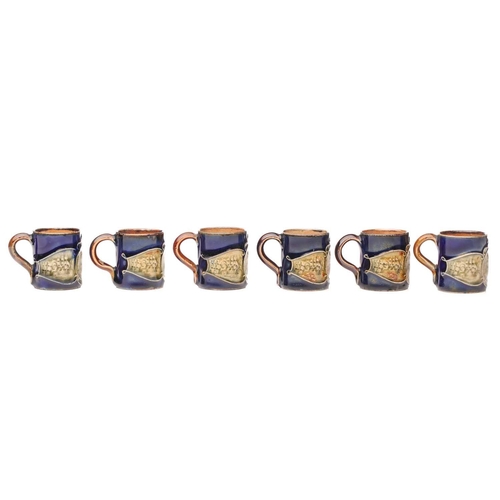 81 - Six Royal Doulton stoneware Lord Nelson commemorative miniature mugs, circa 1905, olive green portra... 
