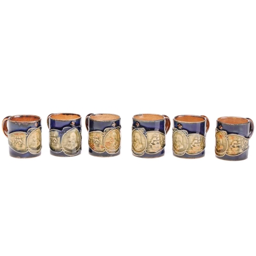 81 - Six Royal Doulton stoneware Lord Nelson commemorative miniature mugs, circa 1905, olive green portra... 