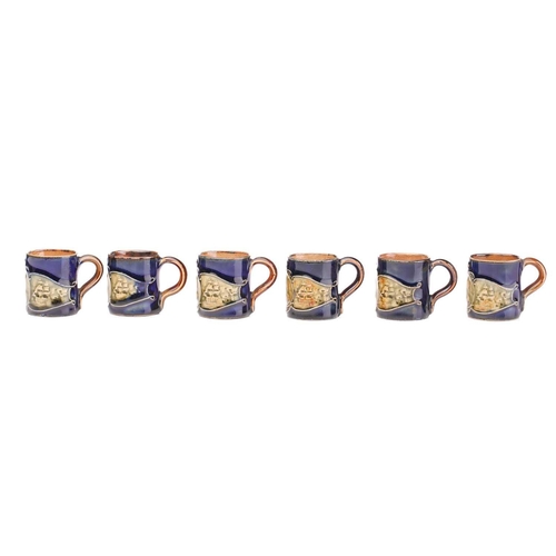 81 - Six Royal Doulton stoneware Lord Nelson commemorative miniature mugs, circa 1905, olive green portra... 