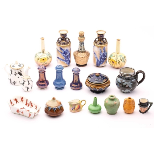 85 - A mixed lot of ceramic miniatures, including a pair of Doulton faience bulbous vases, 9cm high; pair... 