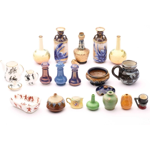 85 - A mixed lot of ceramic miniatures, including a pair of Doulton faience bulbous vases, 9cm high; pair... 
