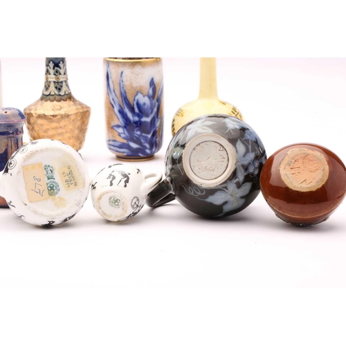 85 - A mixed lot of ceramic miniatures, including a pair of Doulton faience bulbous vases, 9cm high; pair... 