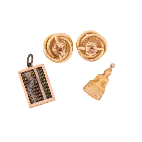 107 - A pair of pearl earrings along with two charms; each of the earrings features an 8.8 mm cultured pea... 