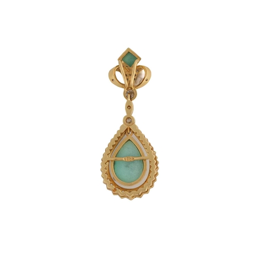 112 - A turquoise and diamond pendant, composed of a pear-shaped turquoise cabochon in millgrain collet, a... 