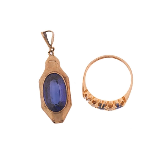 117 - A sapphire and diamond half hoop ring in 18ct gold, and a pendant; the ring comprises two faceted sa... 