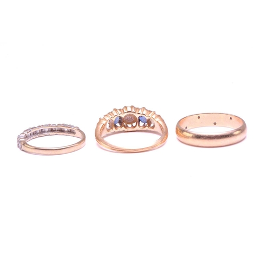 122 - Three gem-set rings; including a diamond half-eternity ring in 9ct gold, comprising nine diamonds al... 